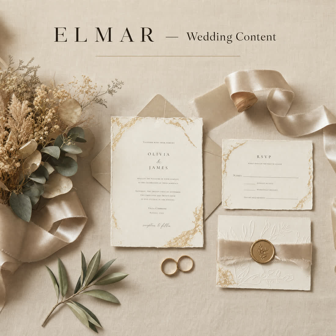 Editorial flat lay of wedding details, invitations and rings
